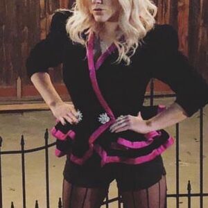 Vintage 1980s velvet peplum jacket with pink trim!